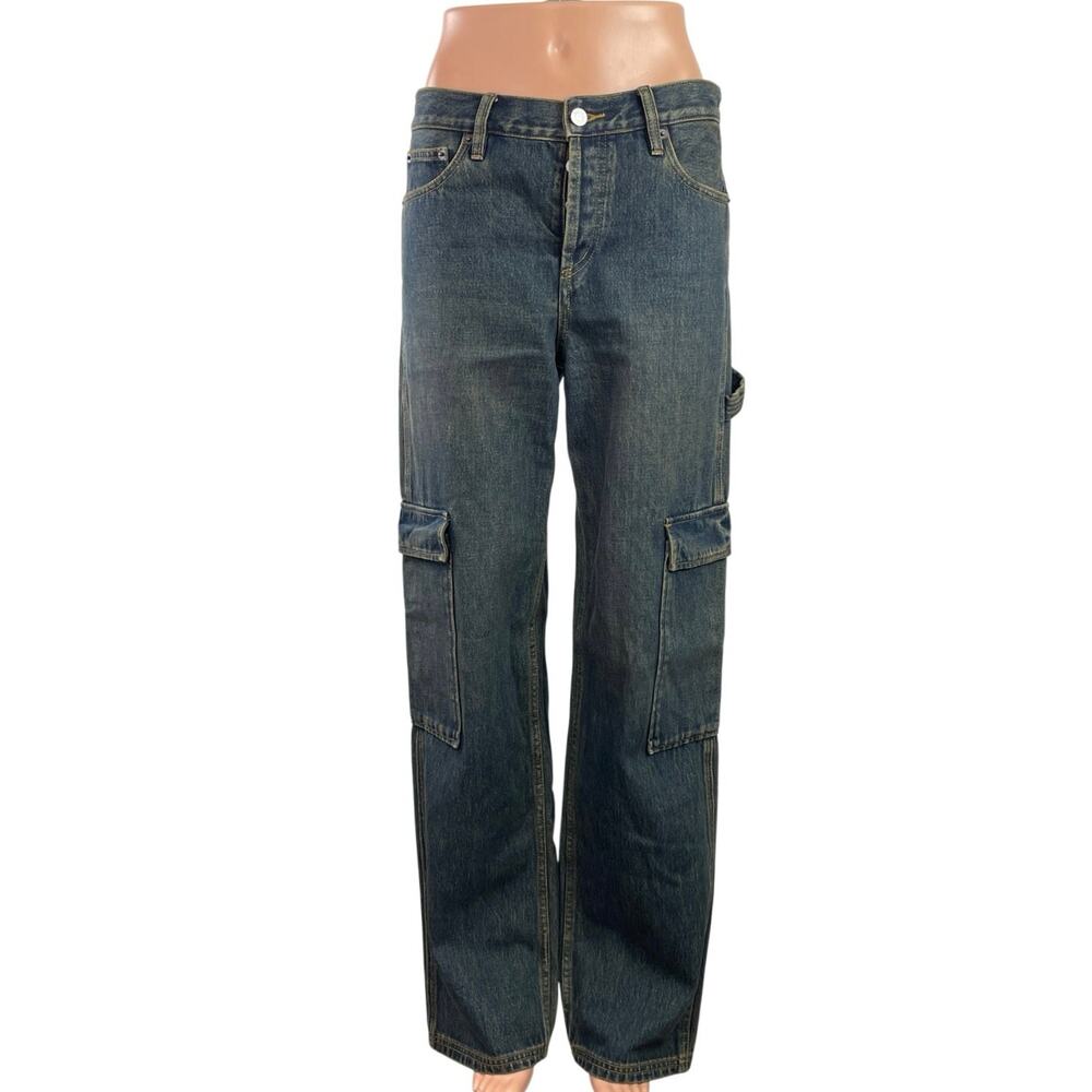 Still Here Charlie Women Blue High Rise Wide Leg Baggy Cargo Denim Jeans Size S